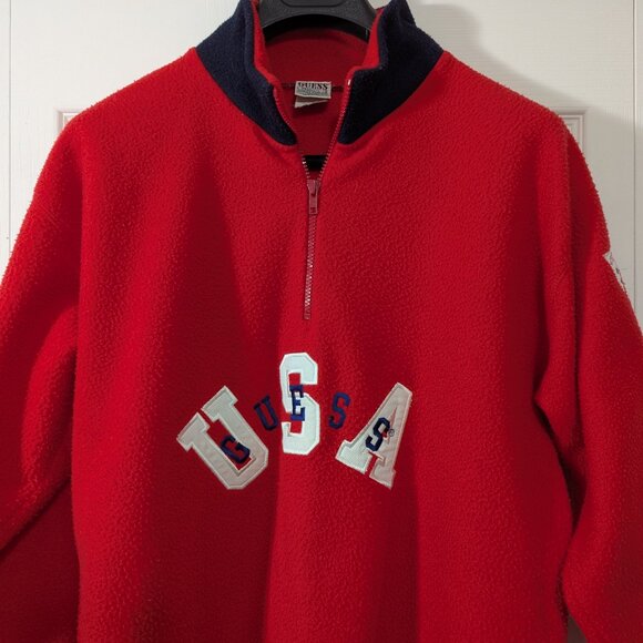 Vintage Guess USA Red Fleece Sweatshirt Quarter Zip - Size M - Picture 3 of 12
